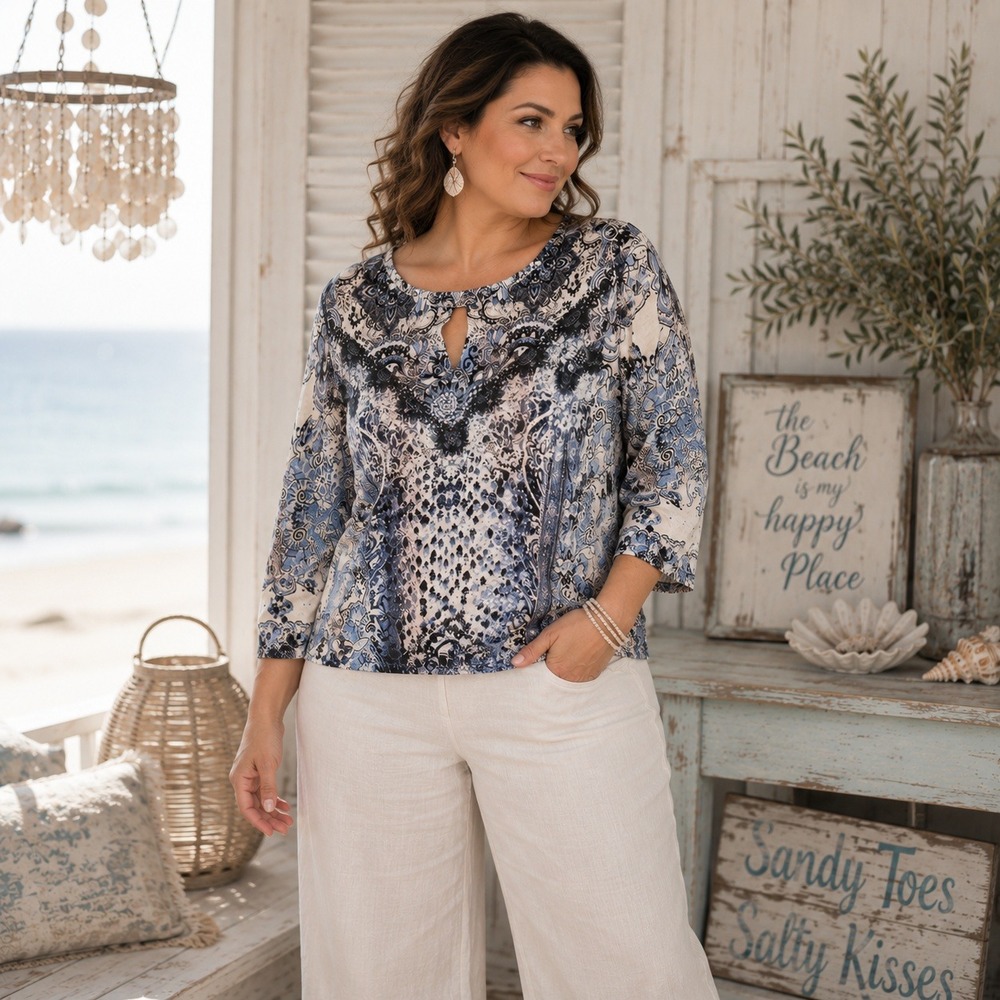 JM Collection Blue And White Blouse Keyhold Silver Beaded Accent Size L